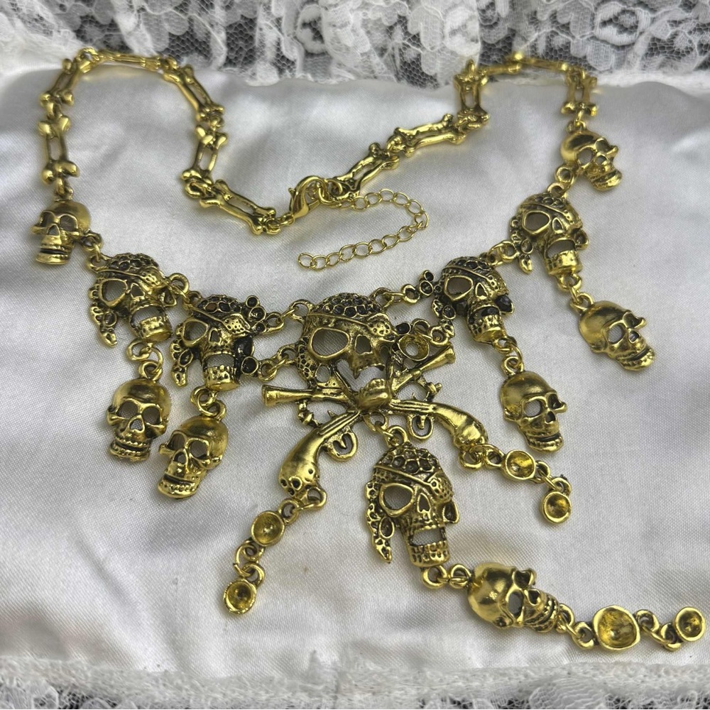 SKULL GUN AND CROSSBONES GOLD TONE STATEMENT NECKLACE